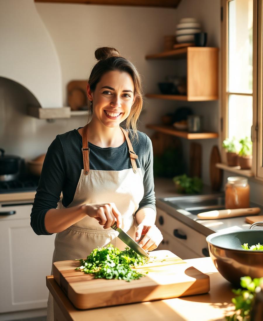 Melina chopping fresh herbs in a sunlit, cozy kitchen